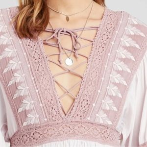 FREE PEOPLE Turn Heads Embroidered Lace Trim Mauve Swoon Mini Dress Sz. Small